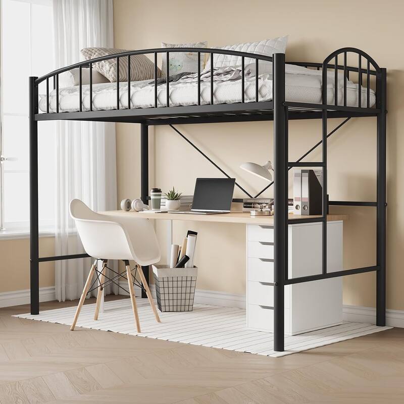 Space-Saving Twin Metal Loft Bed Frame, Safety Ladder, No Box Spring Needed - Black