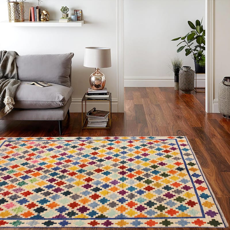 Eclectic Balochi Pace Beige/Blue Hand Knotted Wool Rug - 4'10'' x 6'6''