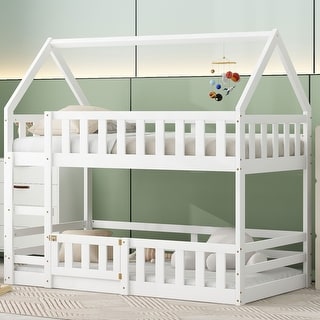 Solid Wood Twin Over Twin House Bunk Bed with Fence and Door