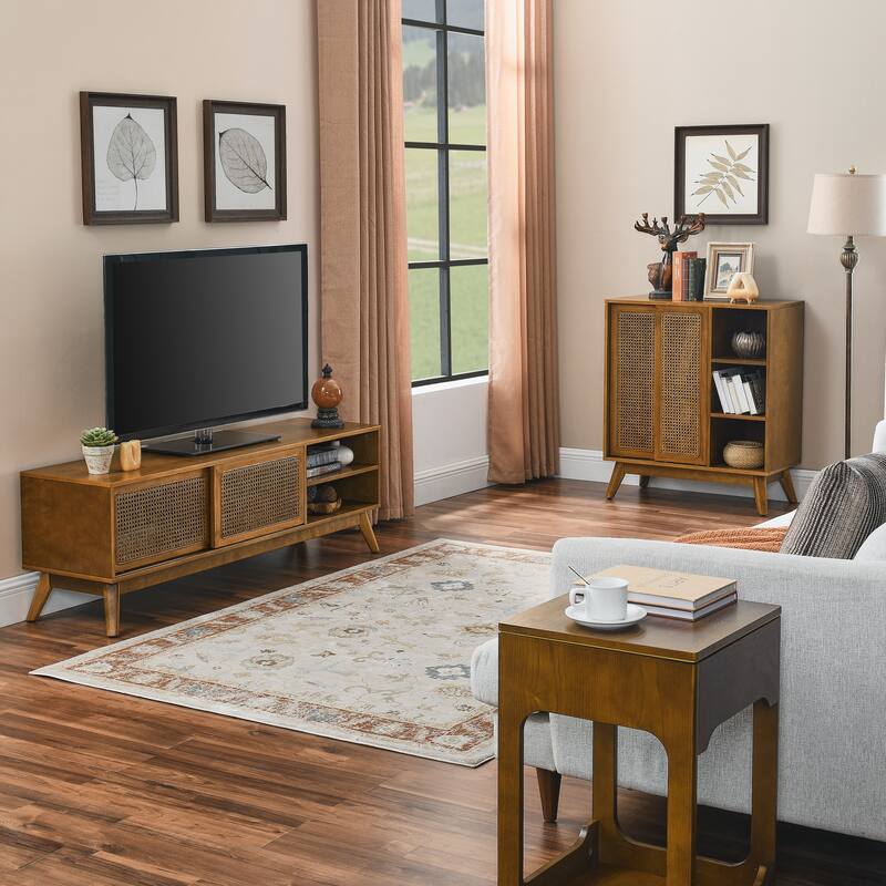 Mid-Century Rattan Sideboard with Adjustable Shelves & Solid Wood Legs (Light Wood) - Brown
