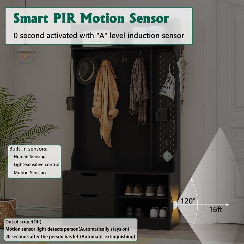 Entrance Coat Rack Bench Indoor Bench with Drawers and Open Shelves, Hallway Decorative Bench with Cabinets and Hooks