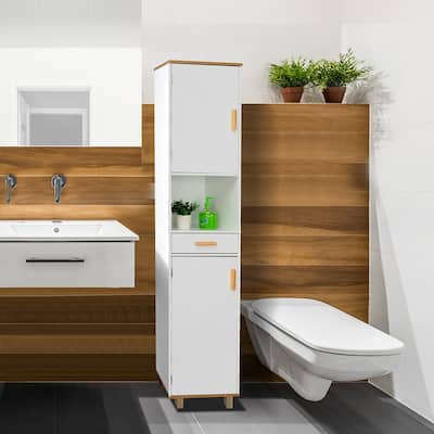 Solid Wood Foot Single Drawer Double Door Bathroom High Cabinet White