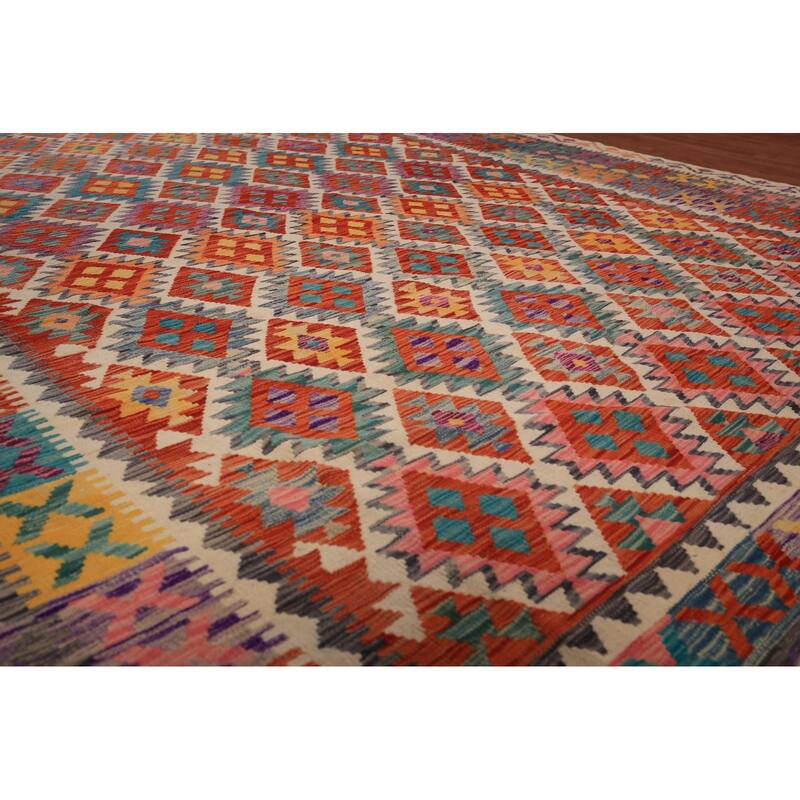 South Western Kilim Oriental Area Rug Flatweave Geometric Wool Carpet - 10'2" x 13'4"