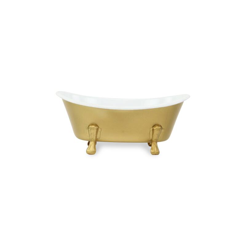 HomeRoots 7" Gold And White Metal Hand Painted Decorative Tub - 7.00 in. x 3.25 in. x 4.00 in.