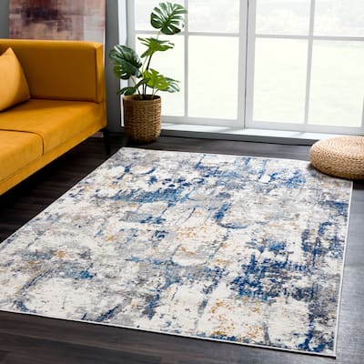 Abani Dune Contemporary Grey and Blue Distressed Indoor Area Rug
