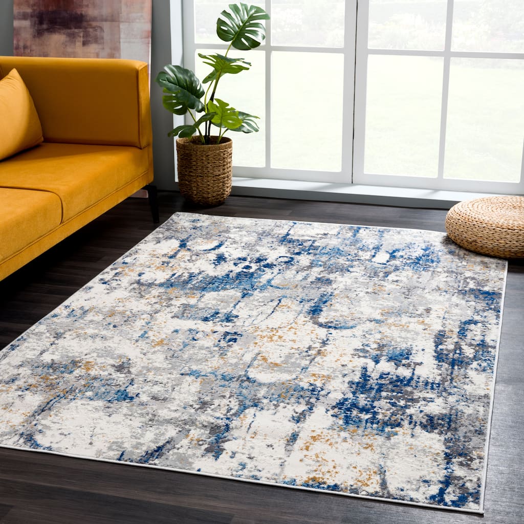Abani Dune Contemporary Grey and Blue Distressed Indoor Area Rug