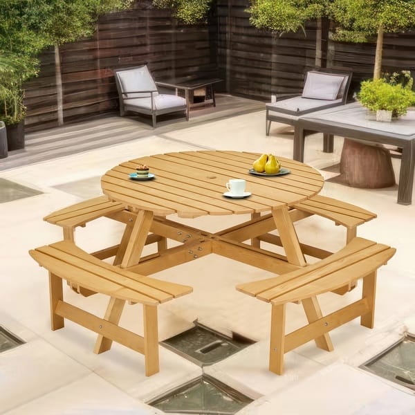 slide 2 of 13, Patio 8-seater Round Dining Set with 4 Built-in Benches Natural