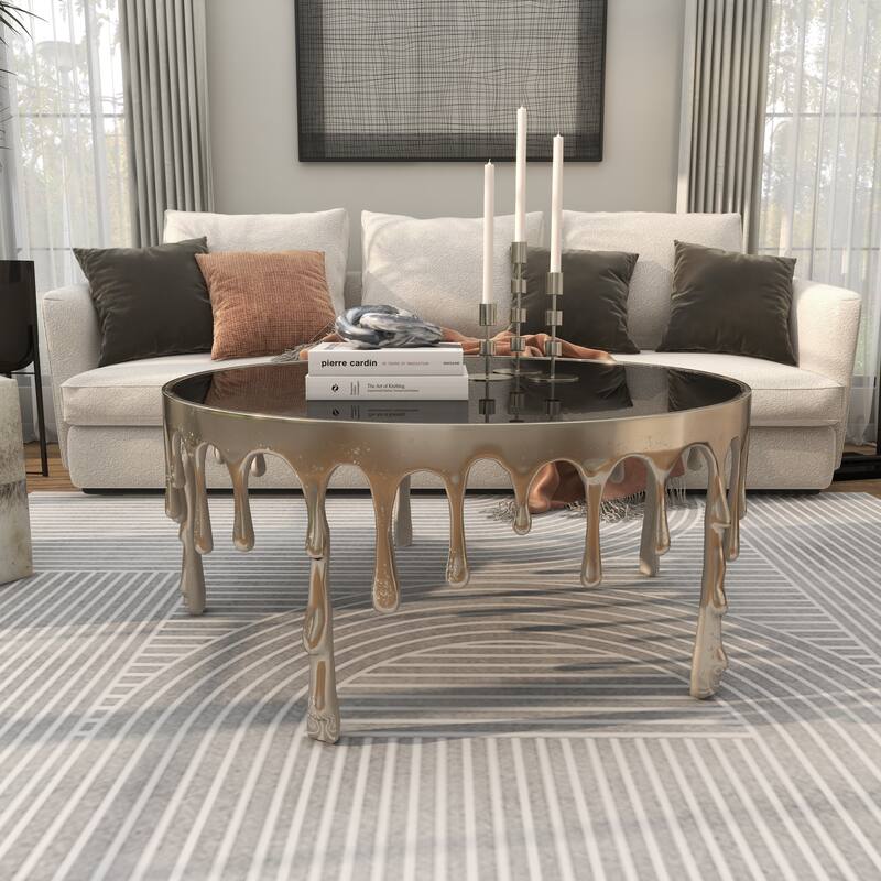Aluminum Metal Abstract Drip Accent Table with Melting Design and Shaded Glass Top - Roche River Decor