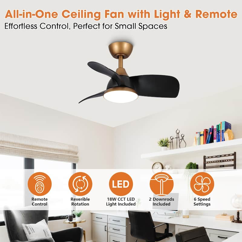 28" Black Modern Dimmable LED Ceiling Fan with Light and Remote
