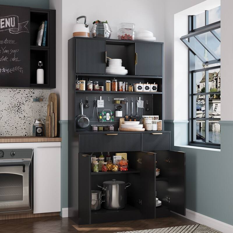 Meyreso Boho Fluted Kitchen Pantry Storage Cabinet Hutch with Microwave Stand and Power Outlets