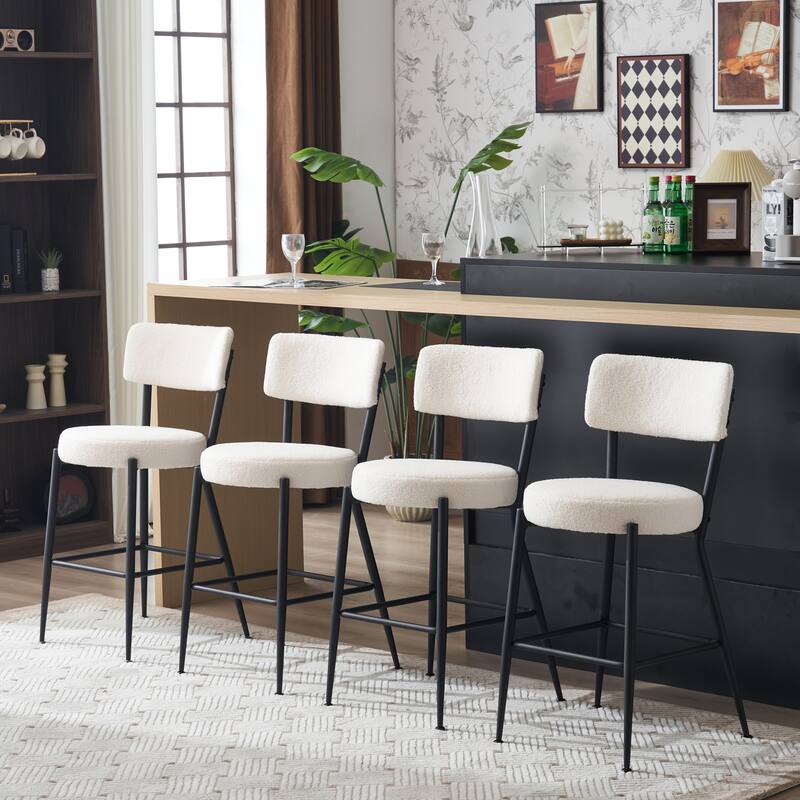 Set of 2 modern teddy fabric upholstered bar stools - Beige