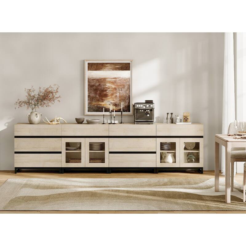 4-in-1 Multifunctional Sideboard Buffet with 8 Drawers & Glass Doors, Modern Credenza with Adjustable Shelf & Metal Base.