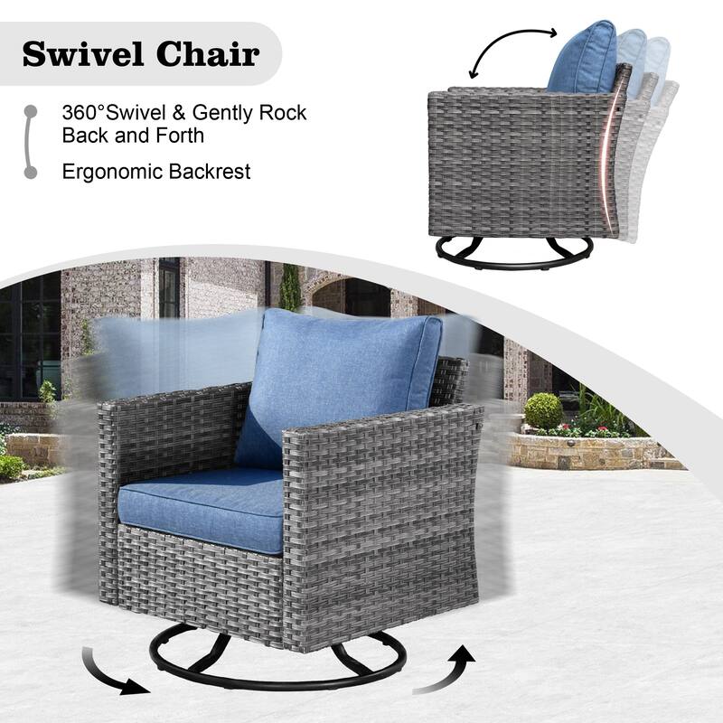 HOOOWOOO 9-piece Grey Wicker Patio Outdoor Sectional Set with Swivel Rocking Chair
