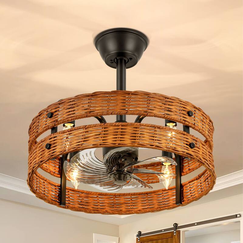 4-Light Farmhouse Brown and Black Woven Rattan Drum Ceiling Fan Lighting with Remote Control - 19.3 in. W x 6.9 in. H - 19.3 in. W x 6.9 in. H - Black/Brown