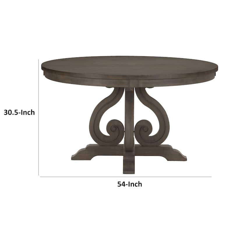 Luon 54 Inch Dining Table, 6 Seater Round Top, Scrolled Metal Base, Brown