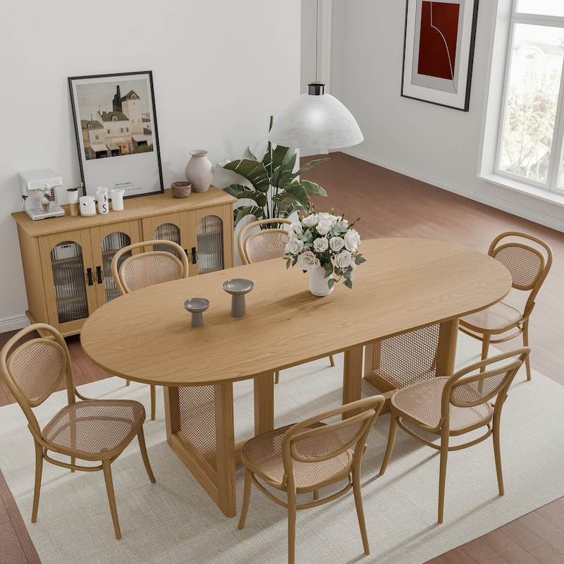 Modern Farmhouse Kitchen Dining Room Table Furniture Oval Kitchen Table with Rattan Woven Legs for Kitchen Bar Living Room