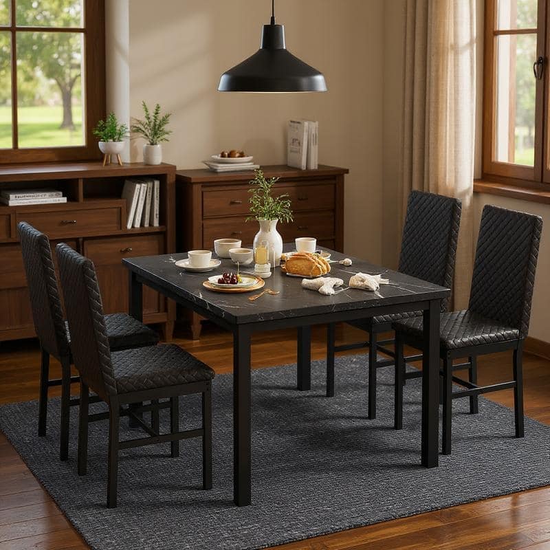 Grondin 5-Piece Dining Room Table Set with Faux Marble Table Top and Diamond Stitching Velvet Upholstery Dining Chairs