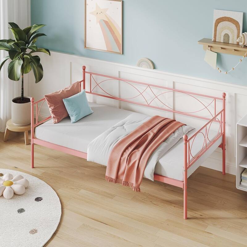 Metal Daybed with Trundle Set, Space-Saving Sofa Bed Frame with Steel Support for Bedroom or Living Room - Twin - ‎Pink Daybed