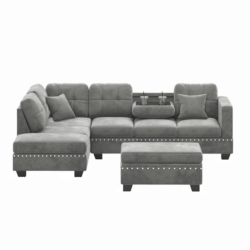 105 inch Reversible Sectional Sofa L shape Couch Space Saving with Storage Ottoman and Cup Holders Design