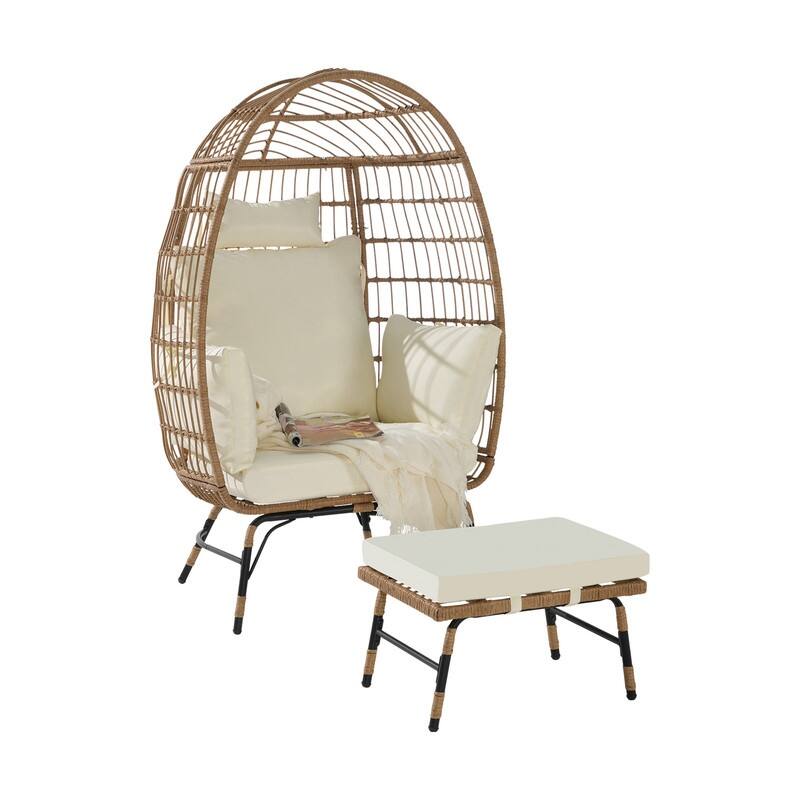 Wicker Egg Chair with Ottoman, Oversized Indoor Outdoor Lounger for Patio, Backyard, Living Room
