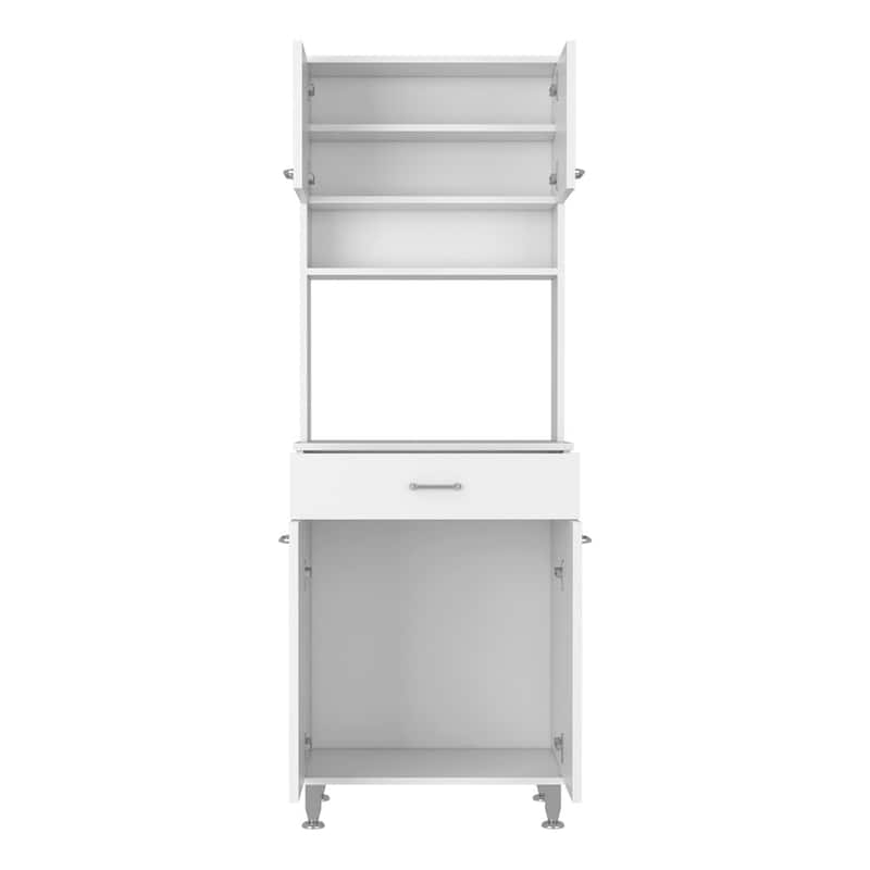 Pantry Cabinet 67" H, Four Doors, One Drawer, Three Internal Shelves, 2 External Storage Shelves, Microwave Storage Option