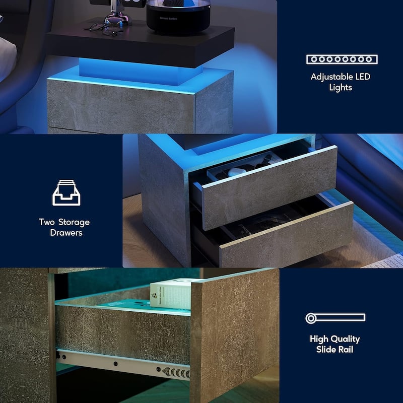 LED Nightstand with 2 Drawers for Bedroom