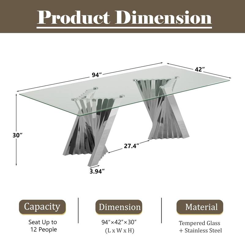 Luxury 78 inch Glass Dining Table with Mirrored Stainless Steel Base