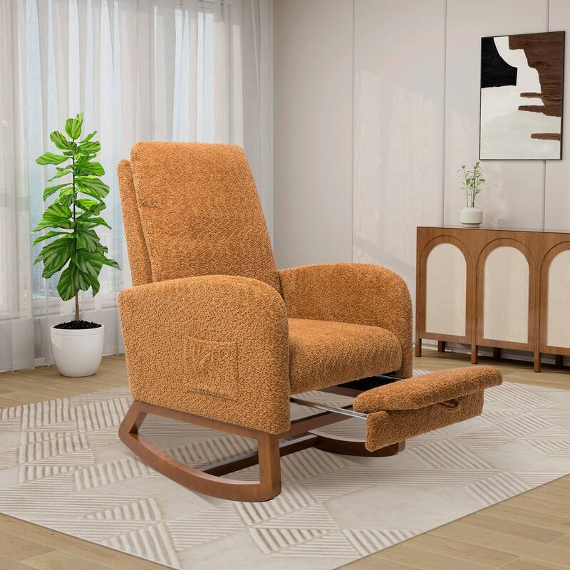 Nursery Rocking Chair, High Back Glider with Retractable Footrest, Side Pocket, Rubberwood Legs for Living Room, Bedroom - Caramel Orange