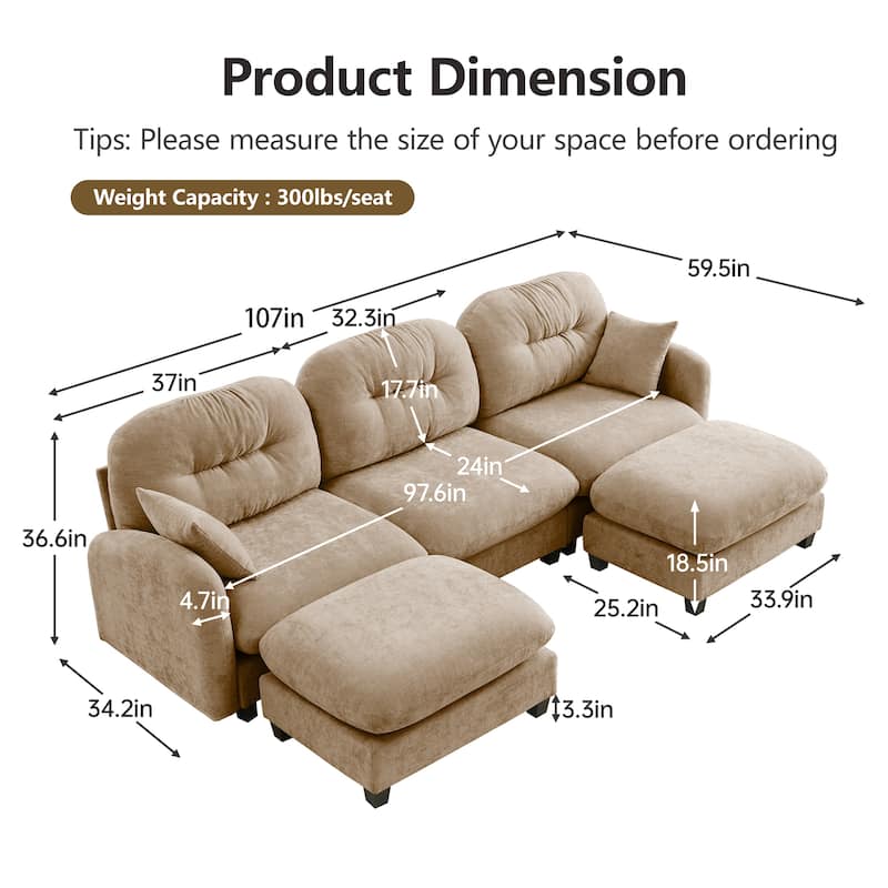 GDF Studio - Nina Modular Modern Chenille U-Shaped Sectional Sofa with Ottoman and 2 Soft Throw Pillows