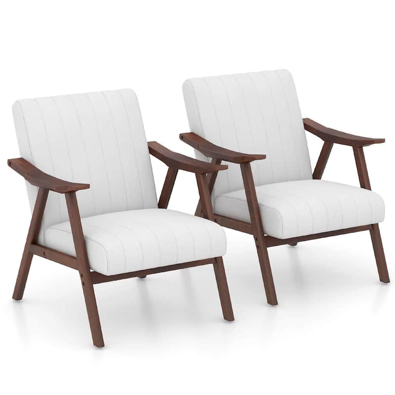 Gymax Set of 2 Accent Chair Leathaire Leisure Armchair w/ Rubber Wood - Beige