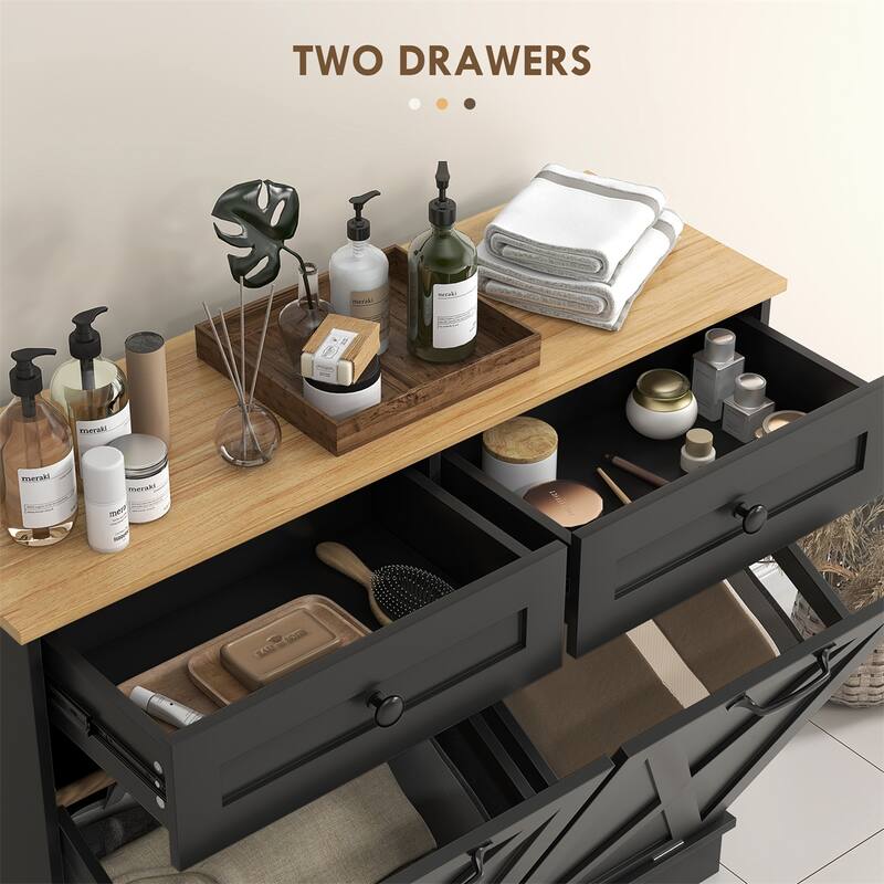 Black Tilt-Out Laundry Cabinet with Dual Hampers & Top Drawers MDF, Compact, Multi-Use - 39.4" L x 13" W x 35.4" H