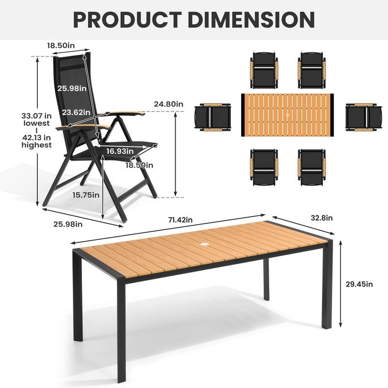 7/9/11-Piece Outdoor Patio Dining Set Aluminum Rectangular Dining Table and Adjustable Folding Chairs