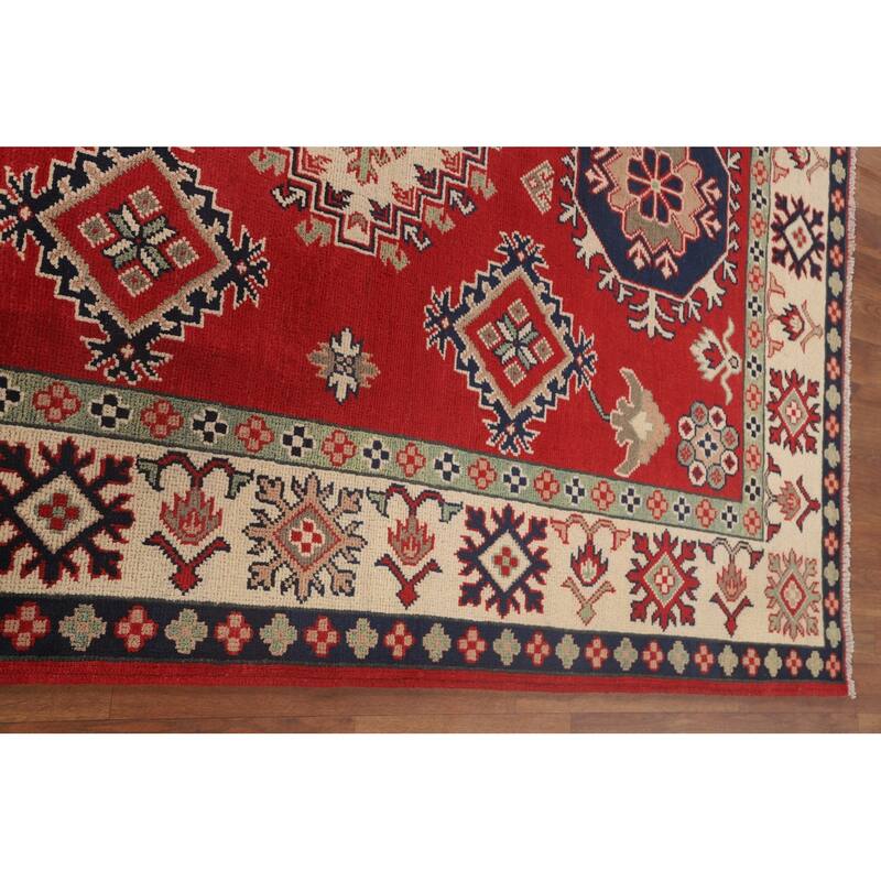 Geometric Kazak Area Rug Handmade Red Wool Carpet - 5'1" x 6'8"