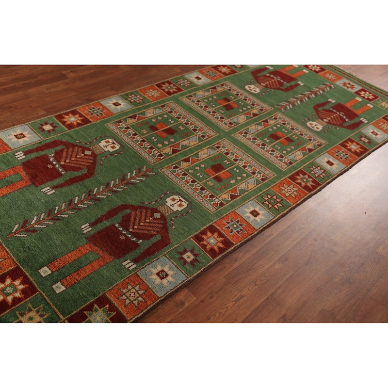 Tribal Green Kazak Indian Runner Rug Hand-Knotted Wool Carpet - 3'11"x 9'10"