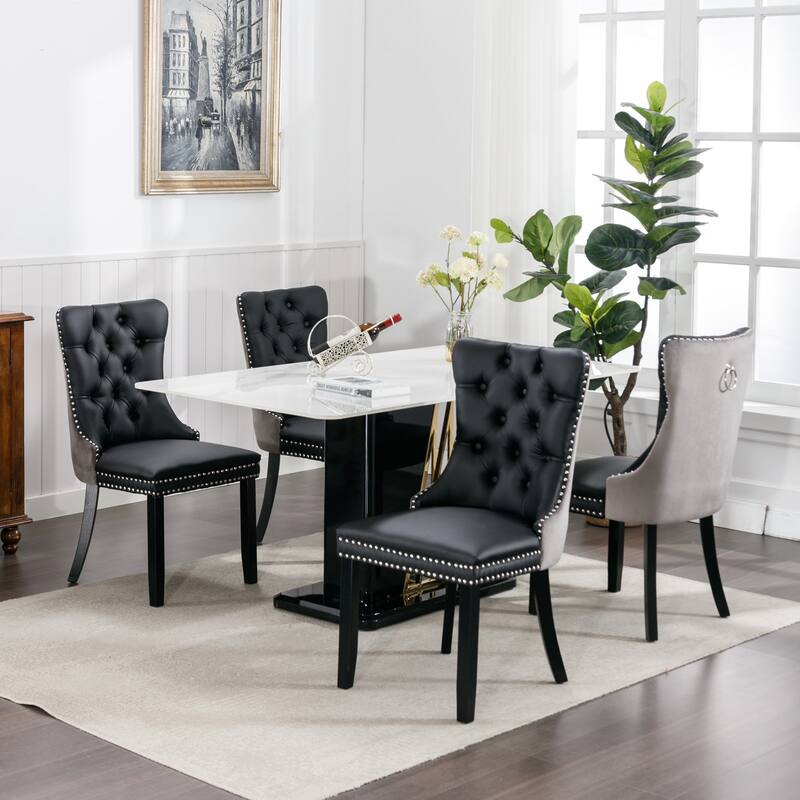 Tufted Solid Wood PU and Velvet Upholstered Dining Chair with Wood Legs 2-Pcs Set