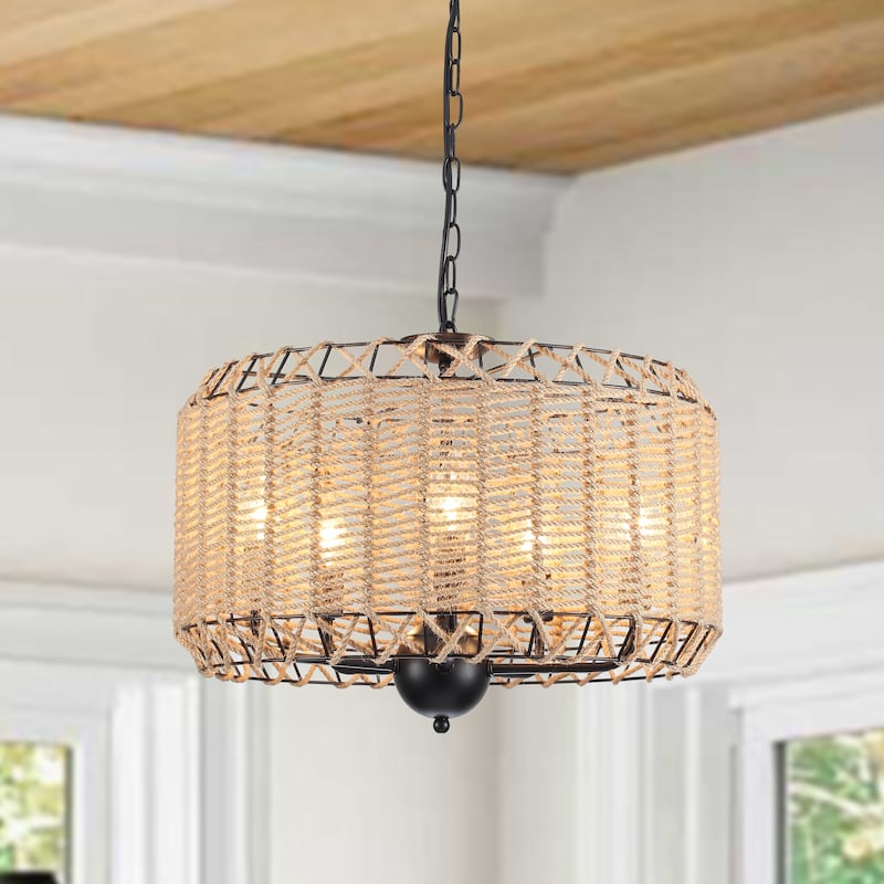 3-Light Classic Hanging Linear Chandelier Light Ceiling Light with Hemp Rope Shade for Kitchen Island - Black