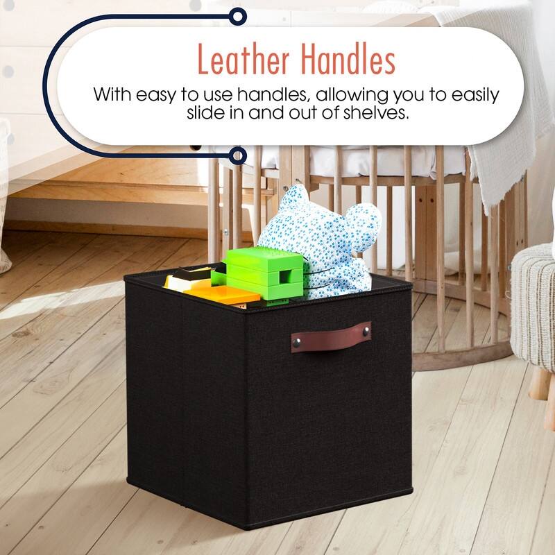 Foldable Collapsible Storage Box Bins Linen Fabric Shelf Basket Cube Organizer with Leather Handles - Set of 6
