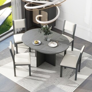 5-Piece Extendable Round Dining Table Set with 4 Upholstered Chairs ...