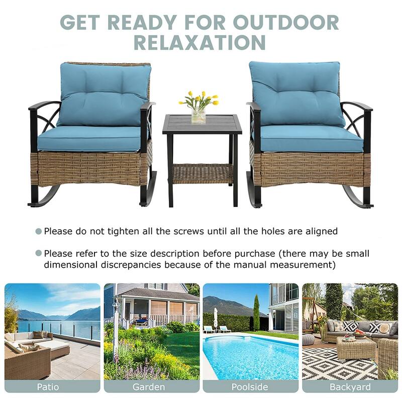 3 Pieces Patio Rocking Rattan Set, Outdoor Bistro Set with Cushions - 1 Table,2 Rocking chairs