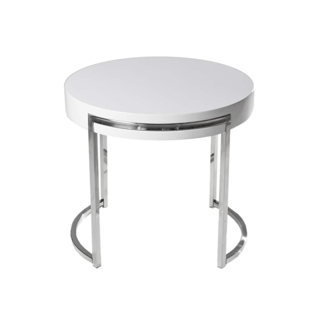 22 in. White and Chrome Round Wood End Table, Sturdy Build End Side Table for Living Rooms