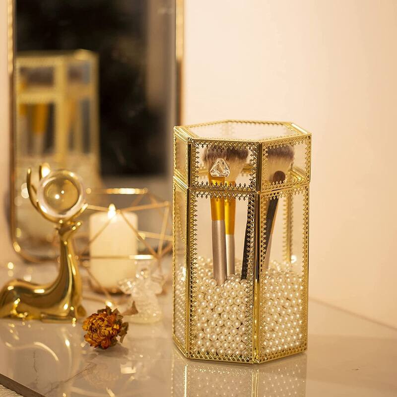 Golden Makeup Brush Holder Organizer,Glass Cosmetic Brushes Storage with lid - Gold