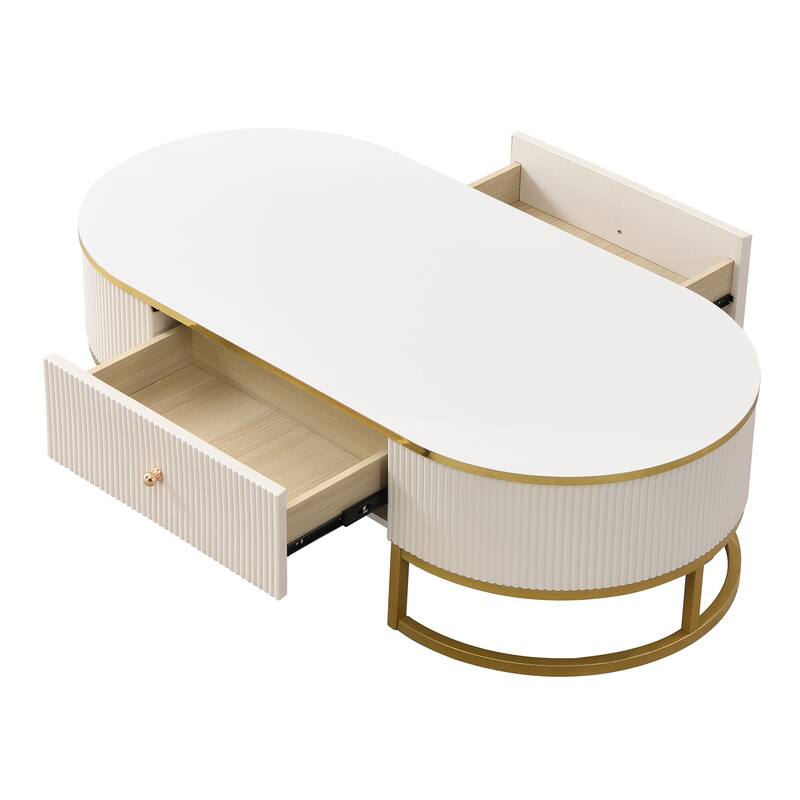 Roomfitters Modern Oval Coffee Table with Storage, Gold Metal Base, Curved Profile Design, White Center Table 47.2"