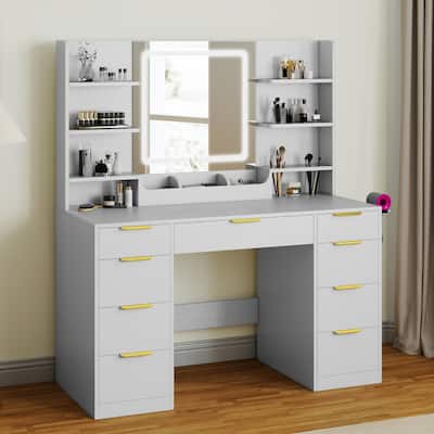 Moasis 9 Drawers Bedroom Vanity Desk,Makeup Vanity with Lighted Mirror and 9 Open Shelves