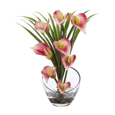 Nearly Natural 15.5" Calla Lily and Grass Artificial Arrangement in Vase - Pink