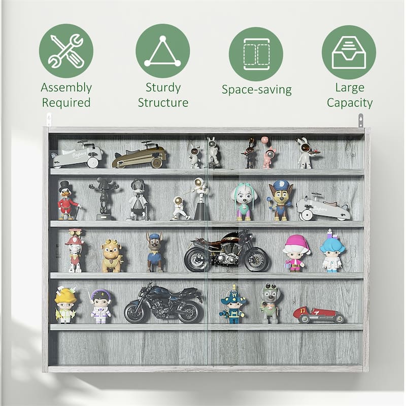 5-Tier Wall-Mounted Glass Display Cabinet with Adjustable Shelves