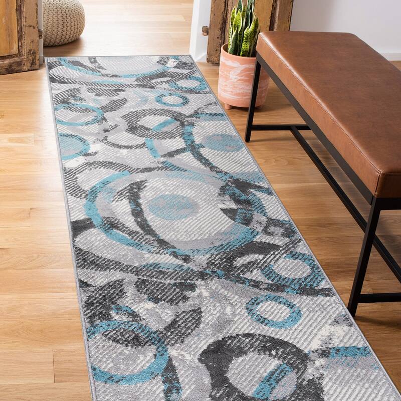 World Rug Gallery Distressed Modern Circles Area Rug - 2' x 7' - Blue - Runner