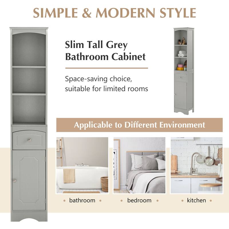 Tall Bathroom Storage Cabinet Grey Skinny Storing Unit Freestanding Linen Cabinet with Drawer and 5 Adjustable Shelves