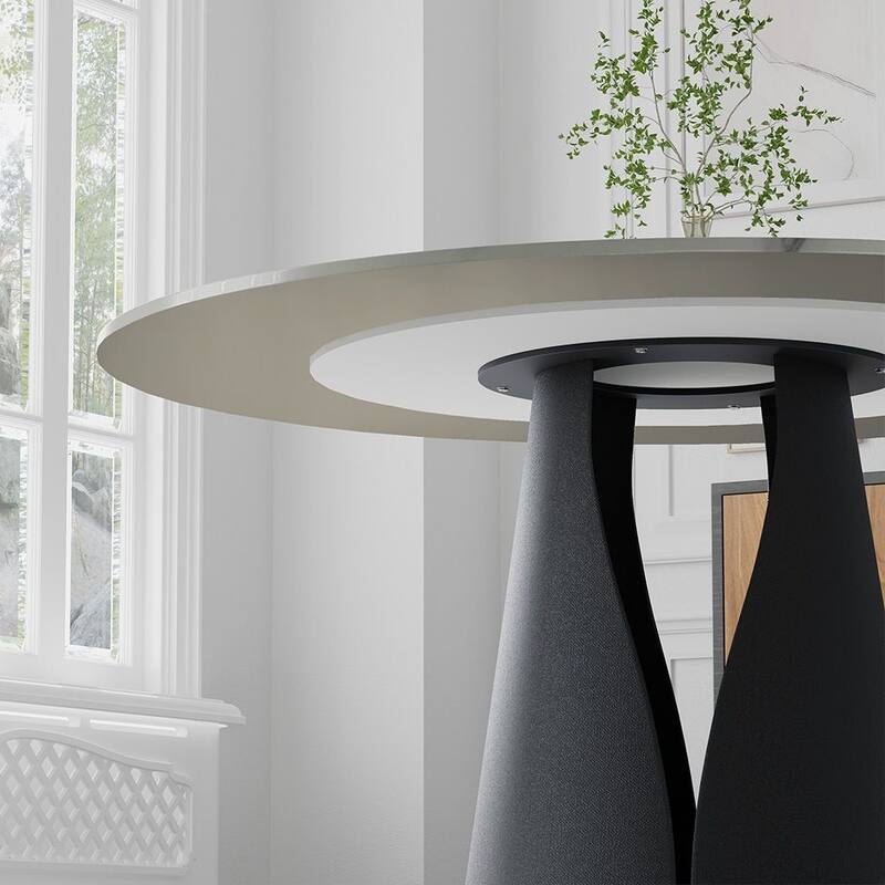Modern Round White Dining Table，Sintered Stone Tabletop, Solid Black Carbon Steel Base