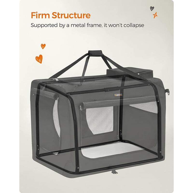 Black Portable Collapsible Pet Crate with Metal Frame and Handle, Storage Pockets
