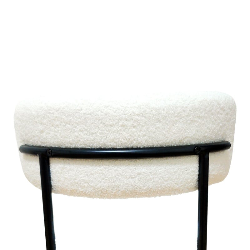 Mid-Century Modern Boucle Dining Chair - White Upholstered Curved Backrest with Black Metal Legs